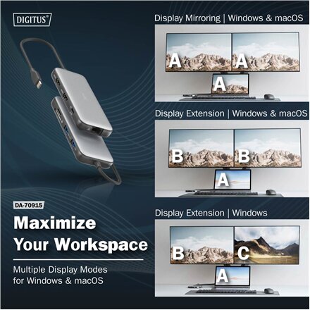 Digitus USB-C docking station, 8-port , DA-70915 , Ethernet LAN (RJ-45) ports 1 , HDMI ports quantity 2