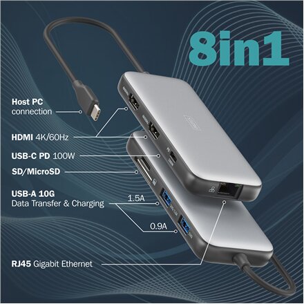 Digitus USB-C docking station, 8-port , DA-70915 , Ethernet LAN (RJ-45) ports 1 , HDMI ports quantity 2