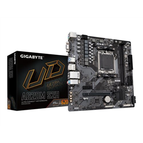 Gigabyte , A620M S2H 1.0 M/B , Processor family AMD , Processor socket AM5 , DDR5 DIMM , Memory slots 2 , Supported hard disk drive interfaces SATA, M.2 , Number of SATA connectors 4 , Chipset AMD A620 , Micro ATX