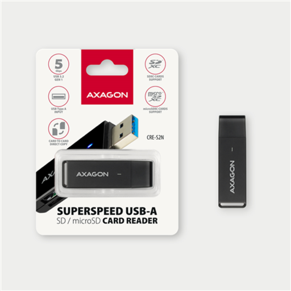 AXAGON Slim super-speed USB 3.2 Gen 1 card reader with a direct USB-A connector , CRE-S2N