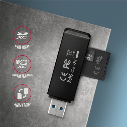 AXAGON Slim super-speed USB 3.2 Gen 1 card reader with a direct USB-A connector , CRE-S2N