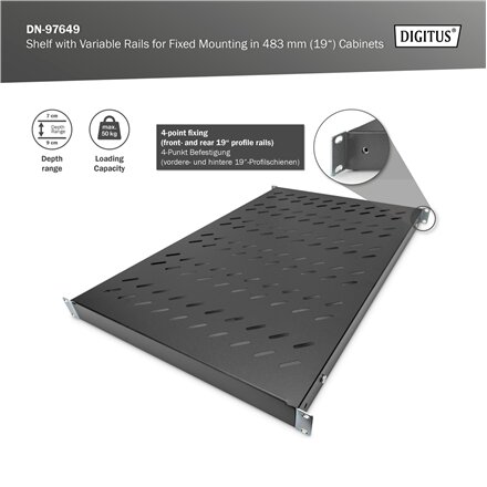 Digitus Shelf with Variable Rails for Fixed Mounting in 483 mm (19) Cabinets , DN-97649