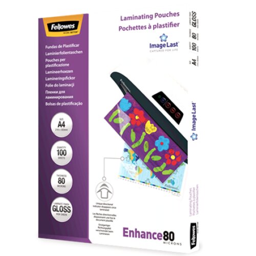 Fellowes , Laminating Pouch PREMIUM , A4 , Clear , Enhance 80 Micron thickness, 216x303 mm - A4, 100 pcs; Unique directional arrow quality mark disappears when laminated.