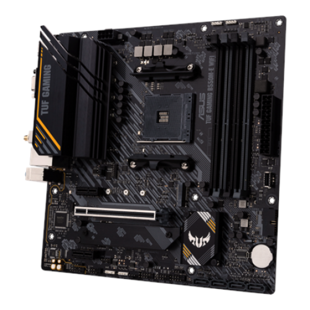 Asus TUF GAMING B550M-E WIFI Processor family AMD, Processor socket AM4, DDR4 DIMM, Memory slots 4, Supported hard disk drive interfaces SATA, M.2, Number of SATA connectors 4, Chipset AMD B550, Micro ATX