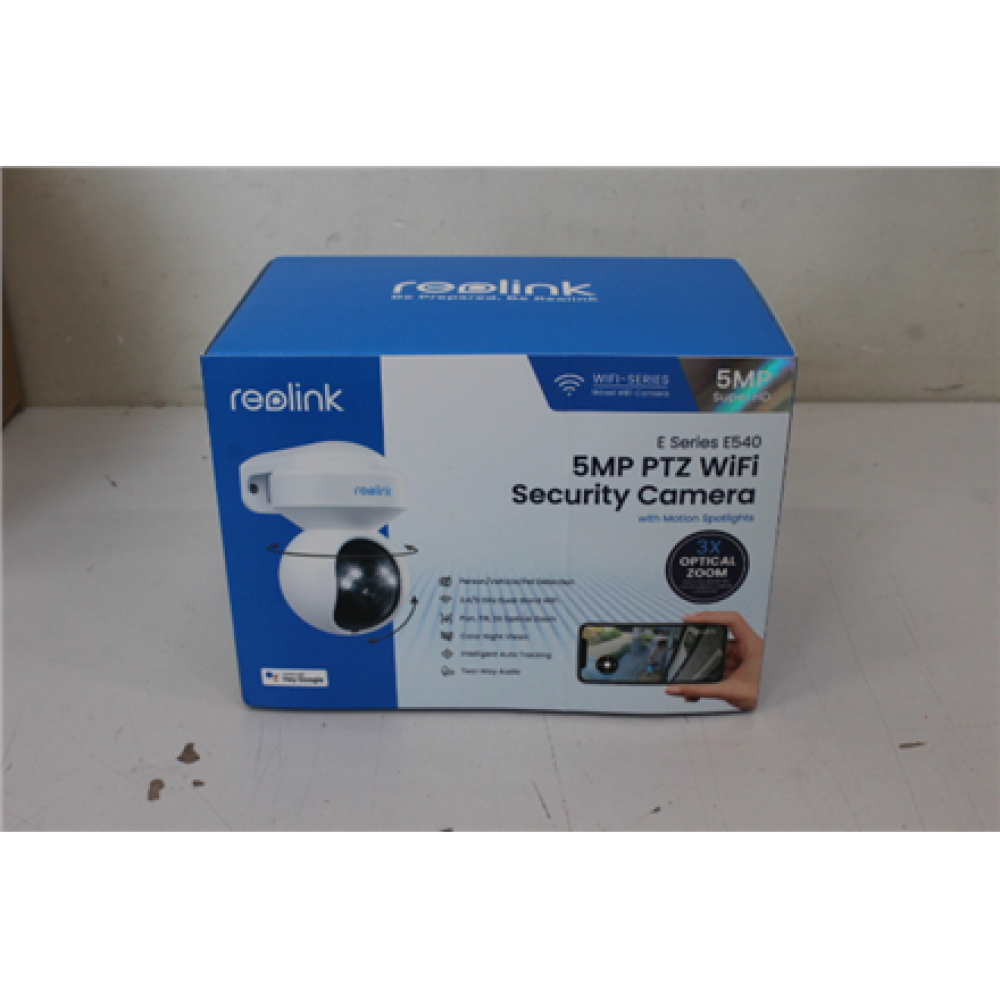 SALE OUT. Reolink E Series E540 Smart 5MP PTZ WiFi Camera with Motion Spotlights, White , Reolink , Smart WiFi Camera with Motion Spotlights , E Series E540 , 23 month(s) , PTZ , 5 MP , 2.8-8/F1.6 , IP65 , H.264 , Micro SD, Max. 256 GB , UNPACKED