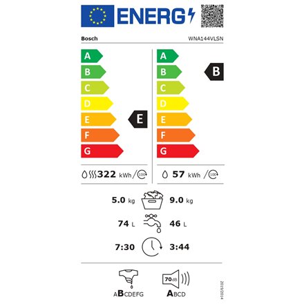 Bosch , Washing Machine with Dryer , WNA144VLSN , Energy efficiency class B , Front loading , Washing capacity 9 kg , 1400 RPM , Depth 59 cm , Width 60 cm , Display , LED , Drying system , Drying capacity 5 kg , Steam function , White