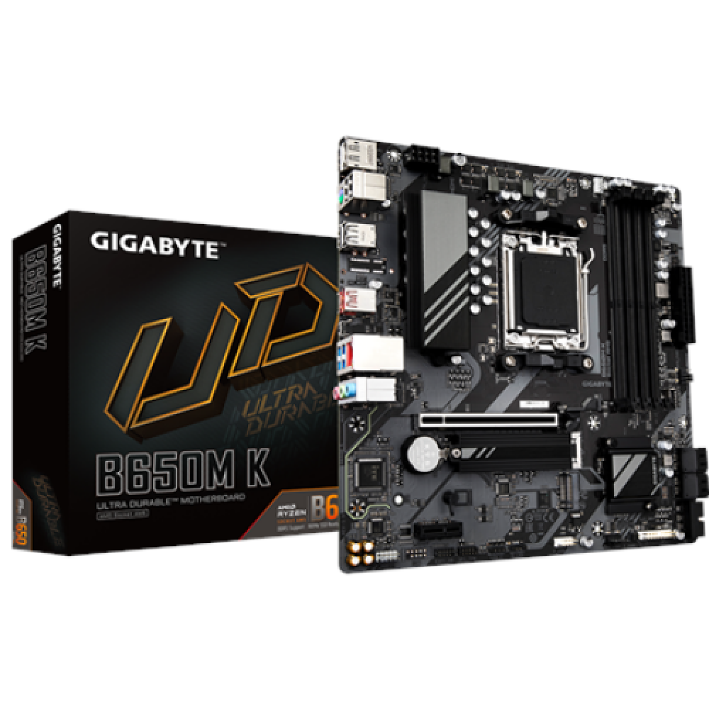 Gigabyte B650M K G10 Processor family AMD Processor socket AM5 DDR5 DIMM Memory slots 4 Supported hard disk drive interfaces SATA, M.2 Number of SATA connectors 4 Chipset AMD B650 Micro ATX