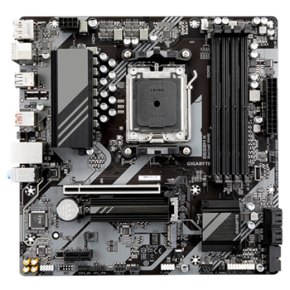 Gigabyte B650M K G10 Processor family AMD Processor socket AM5 DDR5 DIMM Memory slots 4 Supported hard disk drive interfaces SATA, M.2 Number of SATA connectors 4 Chipset AMD B650 Micro ATX