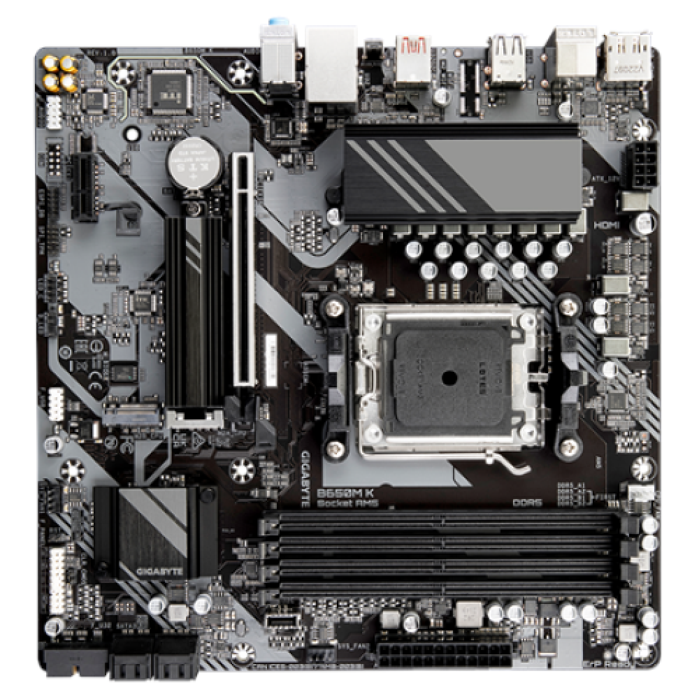 Gigabyte B650M K G10 Processor family AMD Processor socket AM5 DDR5 DIMM Memory slots 4 Supported hard disk drive interfaces SATA, M.2 Number of SATA connectors 4 Chipset AMD B650 Micro ATX