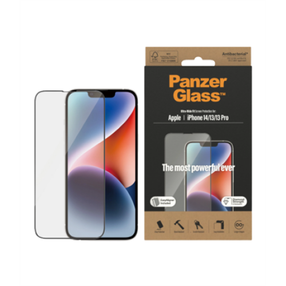 PanzerGlass , Screen protector , Apple , iPhone 14/13/13 Pro , Tempered Glass , Transparent , Fingerprint resistant; Diamond strength; Ultra-Wide Fit