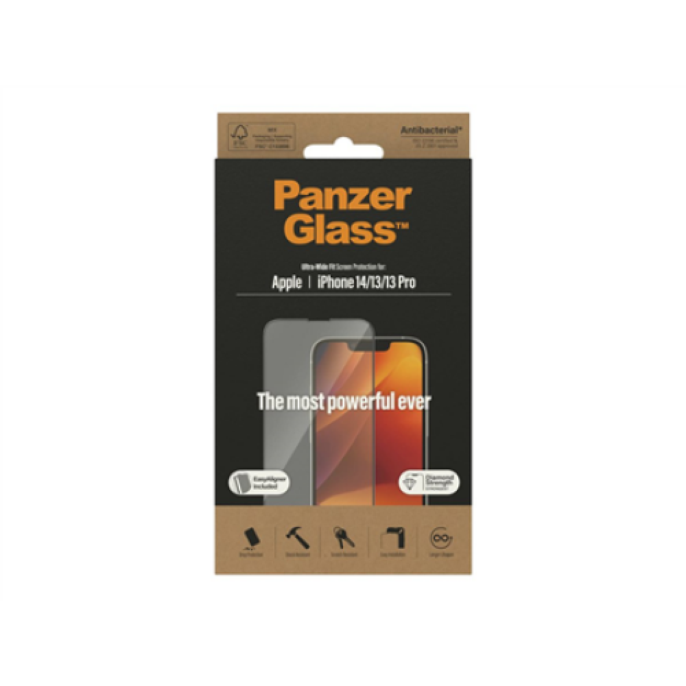 PanzerGlass , Screen protector , Apple , iPhone 14/13/13 Pro , Tempered Glass , Transparent , Fingerprint resistant; Diamond strength; Ultra-Wide Fit