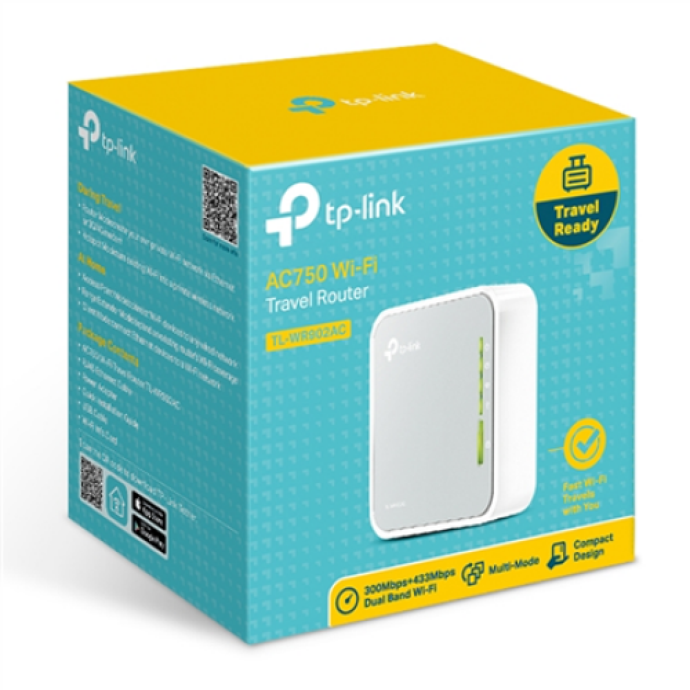 TP-LINK , Router , TL-WR902AC , 802.11ac , 300+433 Mbit/s , 10/100 Mbit/s , Ethernet LAN (RJ-45) ports 1 , Mesh Support No , MU-MiMO No , No mobile broadband , Antenna type 3xInternal , 1x USB 2.0