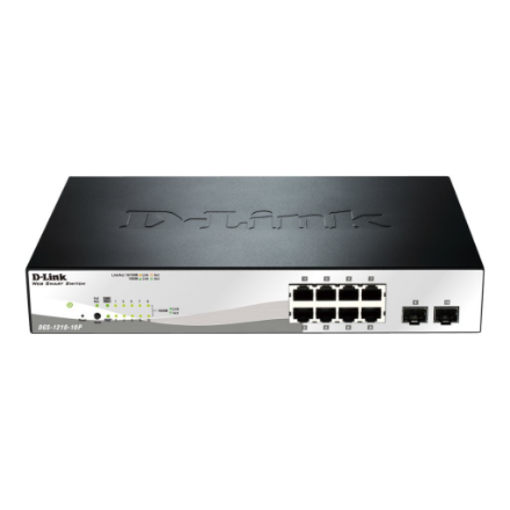 D-LINK DGS-1210-10P, Gigabit Smart III Switch with 8 10/100/1000Base-T PoE ports and 2 combo 1000Base-T/MiniGBIC (SFP) ports, 802.3x Flow Control, Port Trunking, 802.1Q VLAN, 802.1p Priority Queues, Port mirroring, Jumbo Frame support, 802.1D STP, ACL, LL