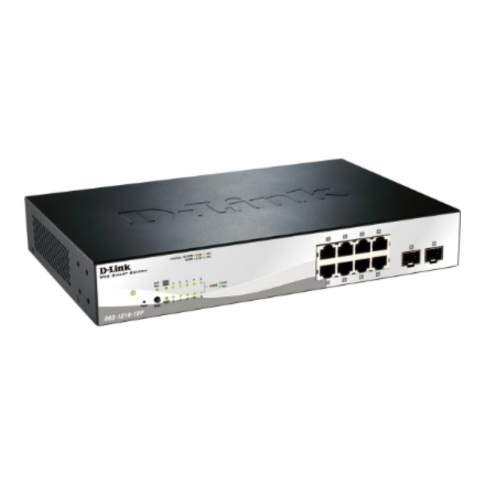 D-LINK DGS-1210-10P, Gigabit Smart III Switch with 8 10/100/1000Base-T PoE ports and 2 combo 1000Base-T/MiniGBIC (SFP) ports, 802.3x Flow Control, Port Trunking, 802.1Q VLAN, 802.1p Priority Queues, Port mirroring, Jumbo Frame support, 802.1D STP, ACL, LL