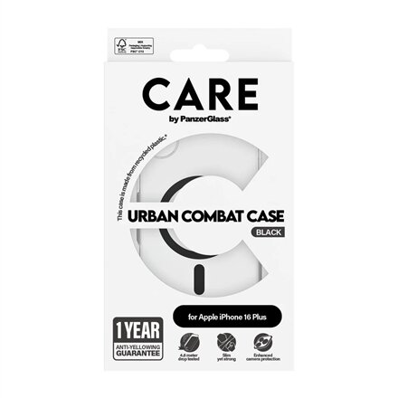 CARE by PanzerGlass Case Flagship , Back protection , Apple , iPhone 16 Plus , Recycled plastic , Transparent/Black , MagSafe