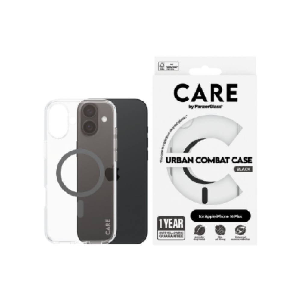 CARE by PanzerGlass Case Flagship , Back protection , Apple , iPhone 16 Plus , Recycled plastic , Transparent/Black , MagSafe