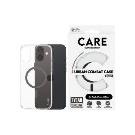 CARE by PanzerGlass Case Flagship , Back protection , Apple , iPhone 16 Plus , Recycled plastic , Transparent/Black , MagSafe