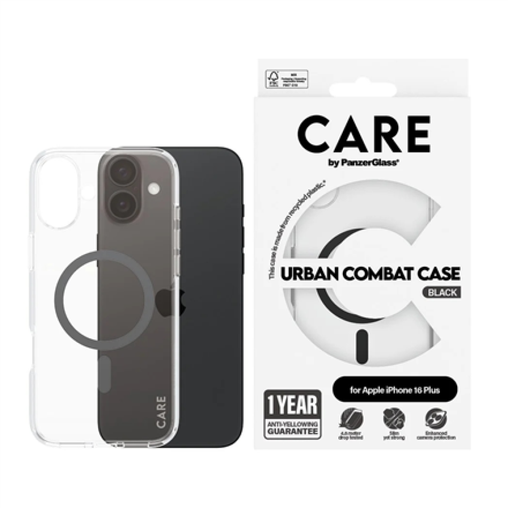 CARE by PanzerGlass Case Flagship , Back protection , Apple , iPhone 16 Plus , Recycled plastic , Transparent/Black , MagSafe