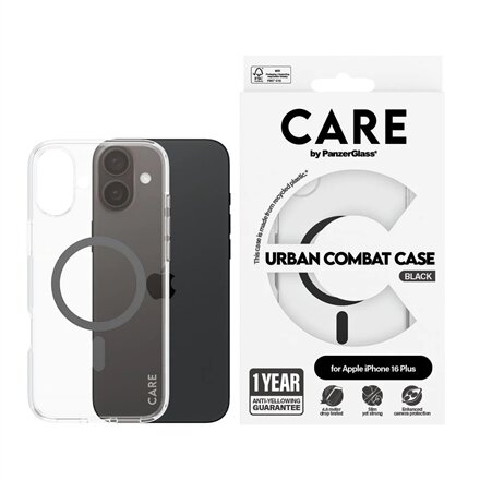 CARE by PanzerGlass Case Flagship , Back protection , Apple , iPhone 16 Plus , Recycled plastic , Transparent/Black , MagSafe