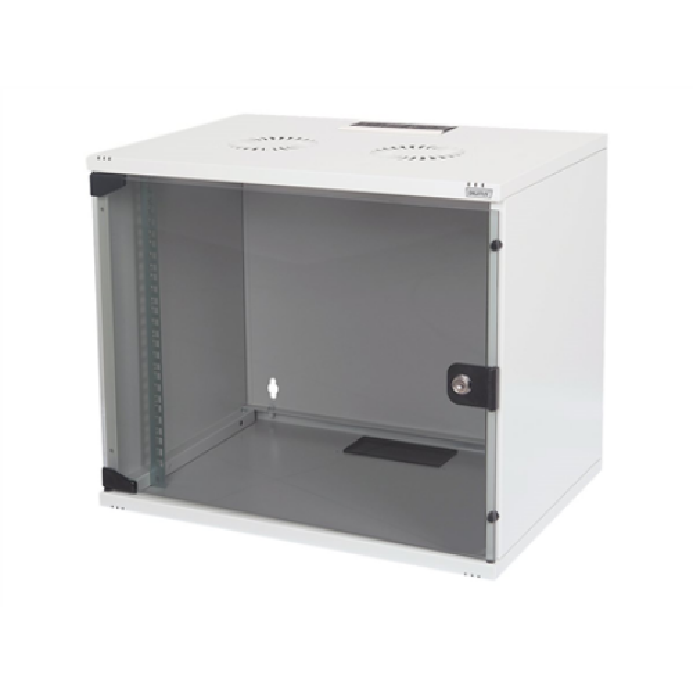Digitus , 7U wall mounting cabinet , DN-19 07U-S-1 , Grey , Safety class rating IP20. Lockable safety-glass door. 200° door opening angle. Front door: Glass door, single opening. Unmounted 370x540x400 mm