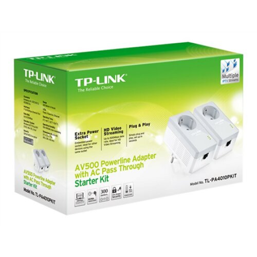 TP-LINK , Passthrough Powerline 600 Starter Kit , TL-PA4010P KIT , 10/100 Mbit/s , Ethernet LAN (RJ-45) ports 1 , Data transfer rate (max) 600 Mbit/s , Extra socket