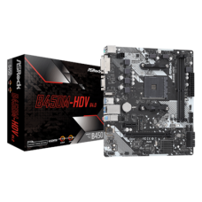 ASRock B450M-HDV R4.0 Processor family AMD, Processor socket AM4, DDR4 DIMM, Memory slots 2, Supported hard disk drive interfaces SATA, M.2, Number of SATA connectors 4, Chipset AMD Promontory B450, Micro ATX