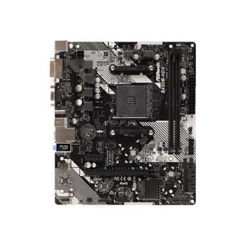 ASRock , B450M-HDV R4.0 , Processor family AMD , Processor socket AM4 , DDR4 DIMM , Memory slots 2 , Supported hard disk drive interfaces SATA, M.2 , Number of SATA connectors 4 , Chipset AMD Promontory B450 , Micro ATX