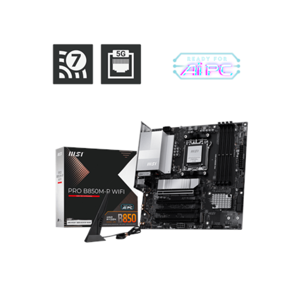 MSI PRO B850M-P WIFI , Processor family AMD B850 , Processor socket AM5 , DDR5 , Supported hard disk drive interfaces SATA, M.2 , Number of SATA connectors 4