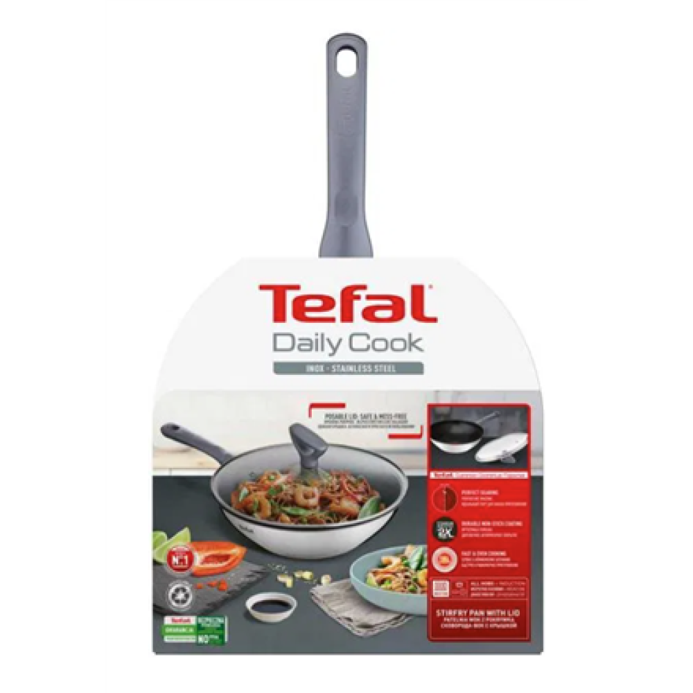 TEFAL Wok Pan , G7309955 Daily Cook , Wok , Diameter 28 cm , Suitable for induction hob , Lid included , Fixed handle , Grey