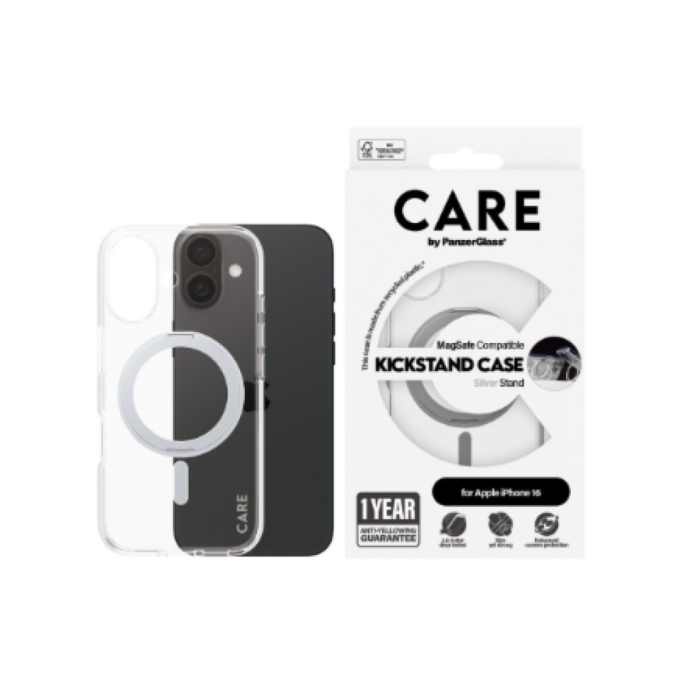 CARE Feature Case , Back cover , Apple , iPhone 16 , Recycled plastic , Silver , Kickstand & MagSafe