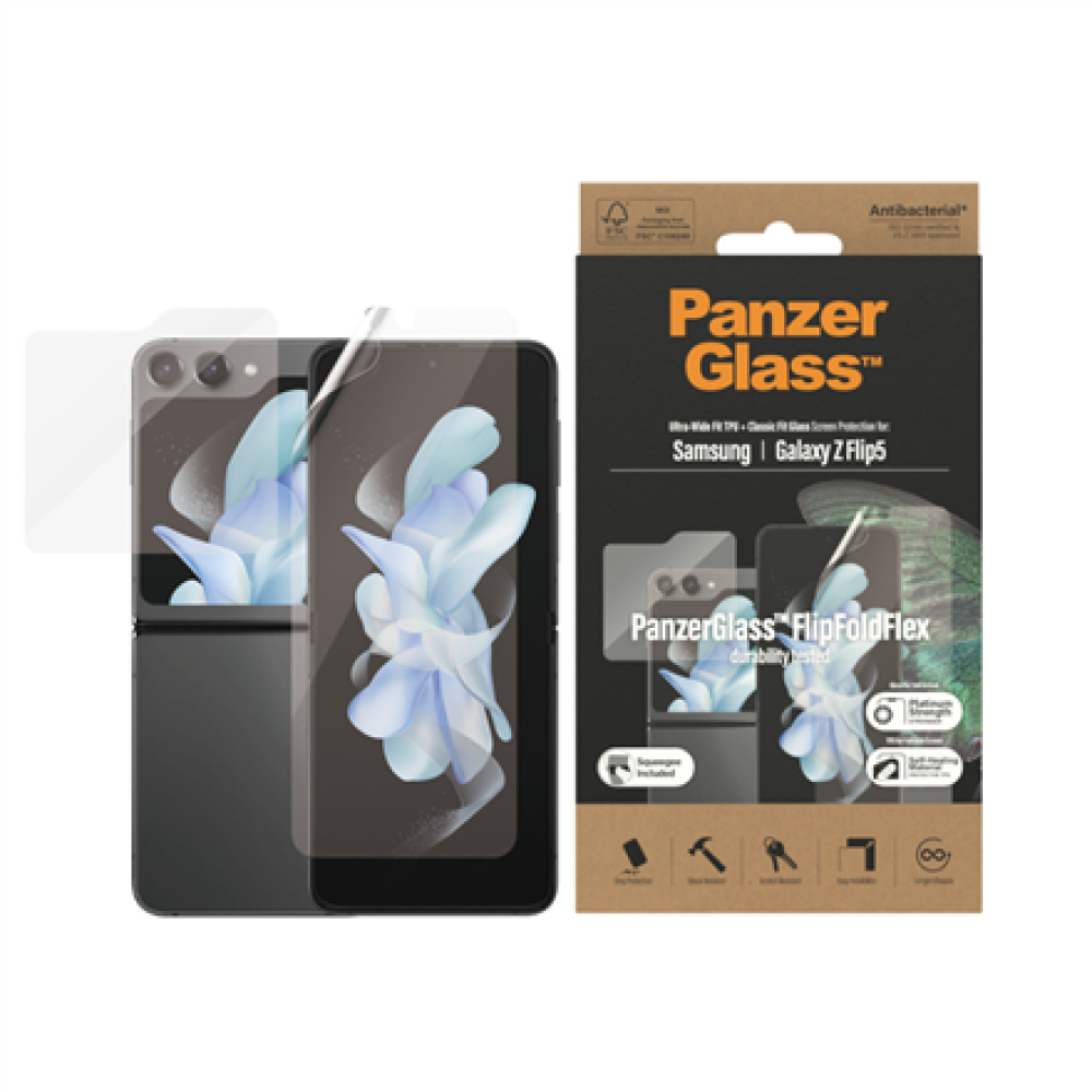PanzerGlass , Screen protector , Samsung , Z flip5 CF AB , Thermoplastic polyurethane (TPU); Tempered glass; Polyethylene terephthalate (PET) , Transparent