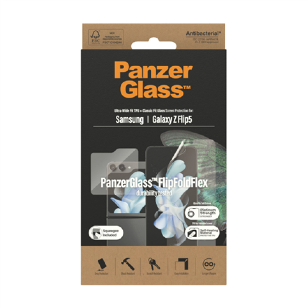 PanzerGlass , Screen protector , Samsung , Z flip5 CF AB , Thermoplastic polyurethane (TPU); Tempered glass; Polyethylene terephthalate (PET) , Transparent