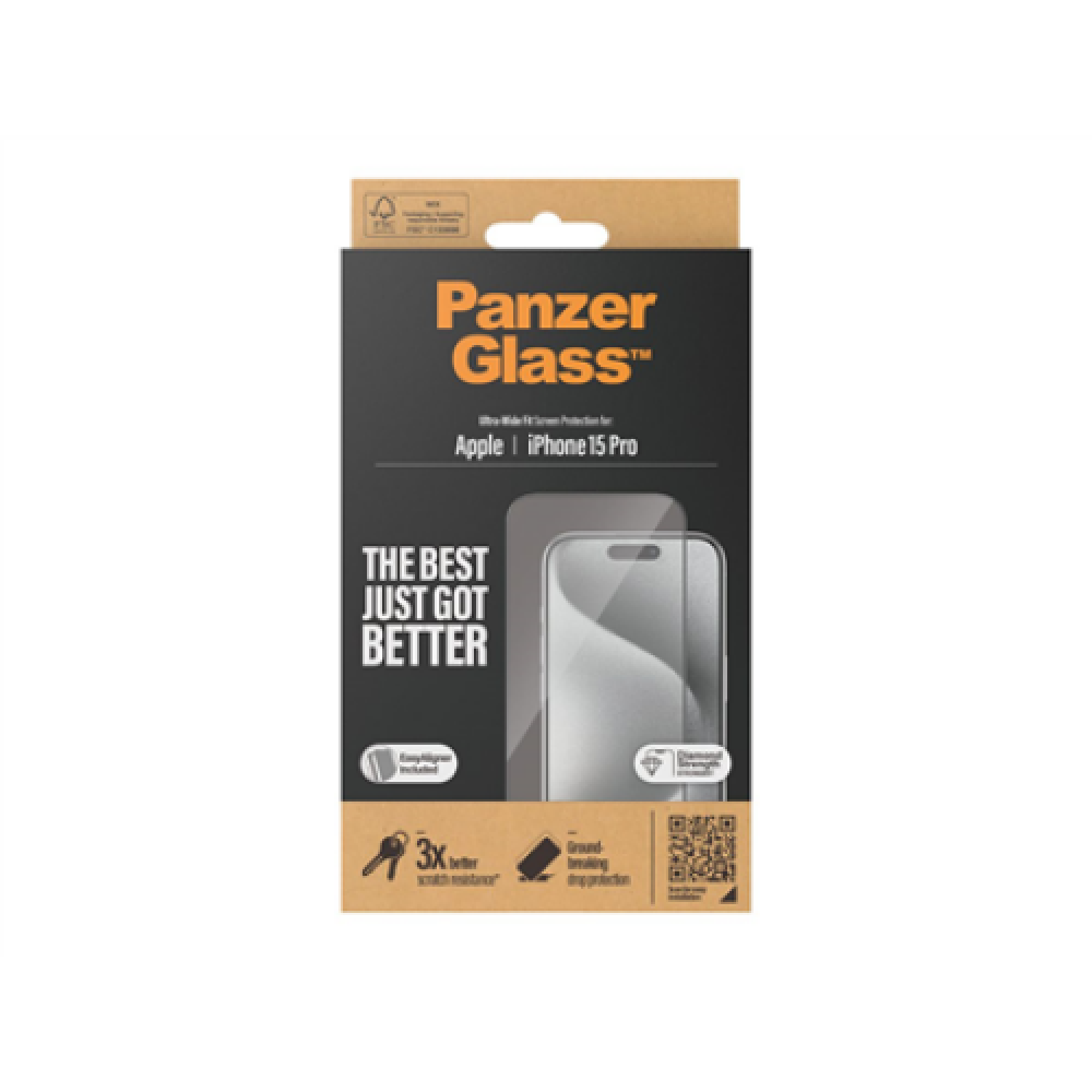 PanzerGlass , Screen protector , Apple , iPhone 15 Pro , Glass , Clear , Easy installation; Fingerprint resistant; Anti-yellowing , Ultra-Wide Fit
