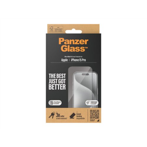 PanzerGlass , Screen protector , Apple , iPhone 15 Pro , Glass , Clear , Easy installation; Fingerprint resistant; Anti-yellowing , Ultra-Wide Fit