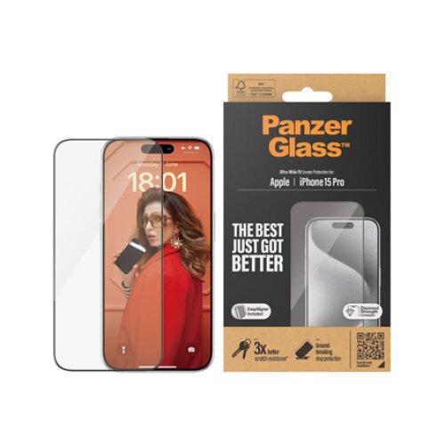 PanzerGlass , Screen protector , Apple , iPhone 15 Pro , Glass , Clear , Easy installation; Fingerprint resistant; Anti-yellowing , Ultra-Wide Fit