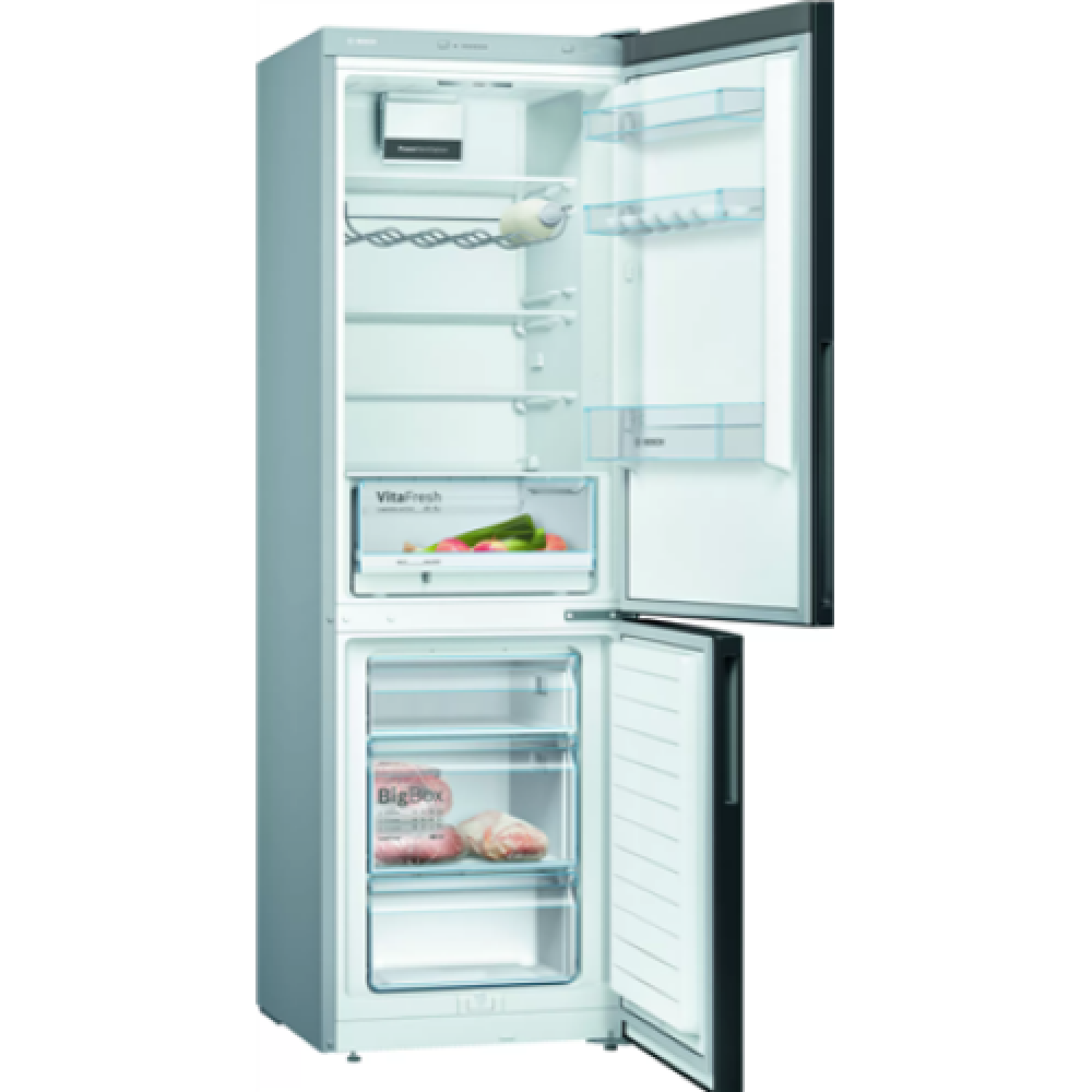 Bosch , Refrigerator , KGV36VBEAS , Energy efficiency class E , Free standing , Combi , Height 186 cm , Fridge net capacity 214 L , Freezer net capacity 94 L , 39 dB , Black