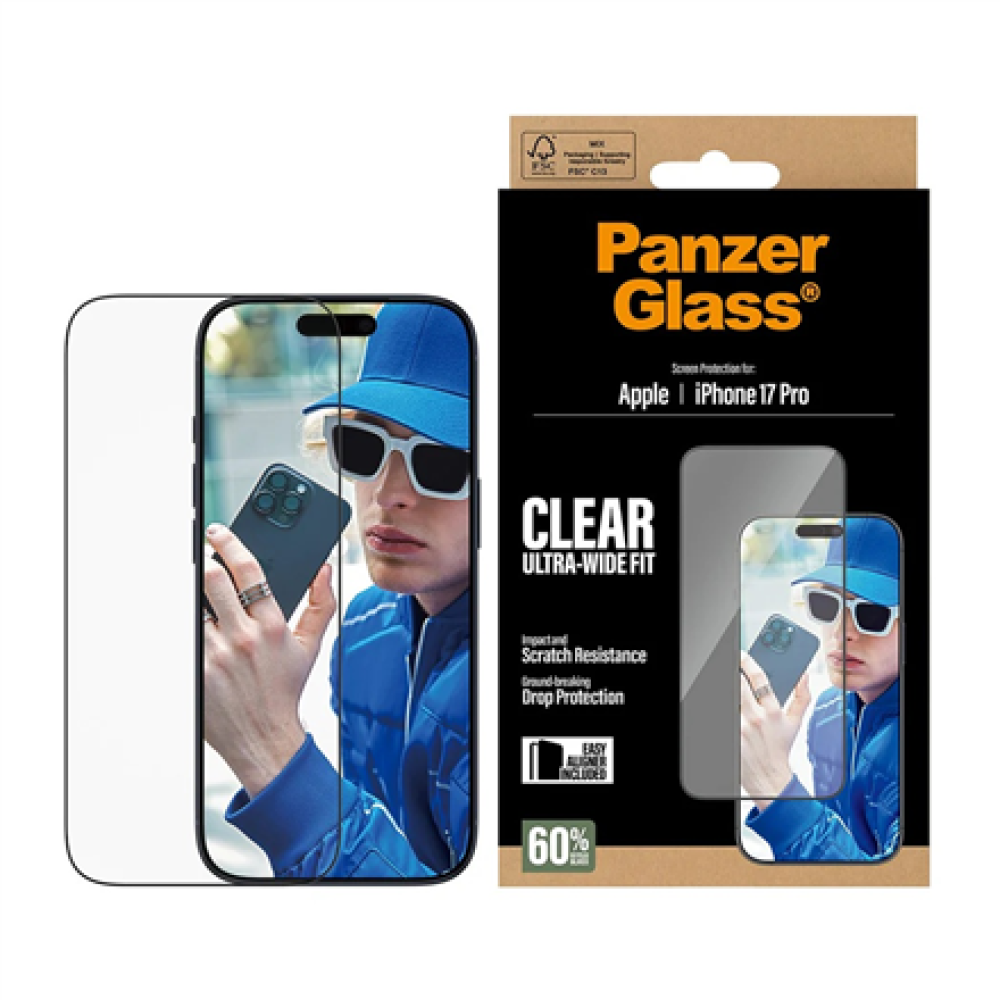 PanzerGlass Screen protector , Apple , iPhone 17 Pro , Glass , Transparent , Ultra-Wide Fit w. EasyAligner