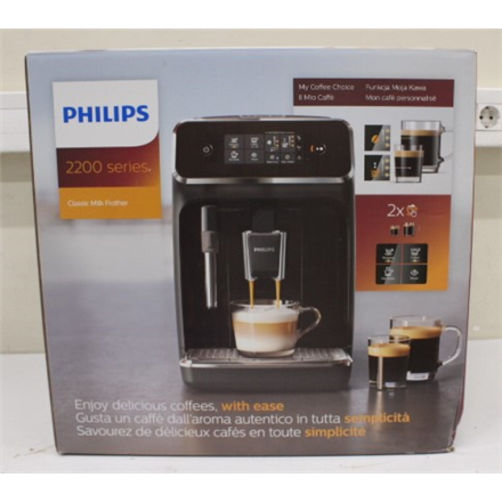 SALE OUT. Philips EP2220/10 Coffee maker, Fully automatic, Black , Philips Coffee Maker , EP2220/10 , Pump pressure 15 bar , Built-in milk frother , Automatic , 1500 W , Black , DAMAGED PACKAGING