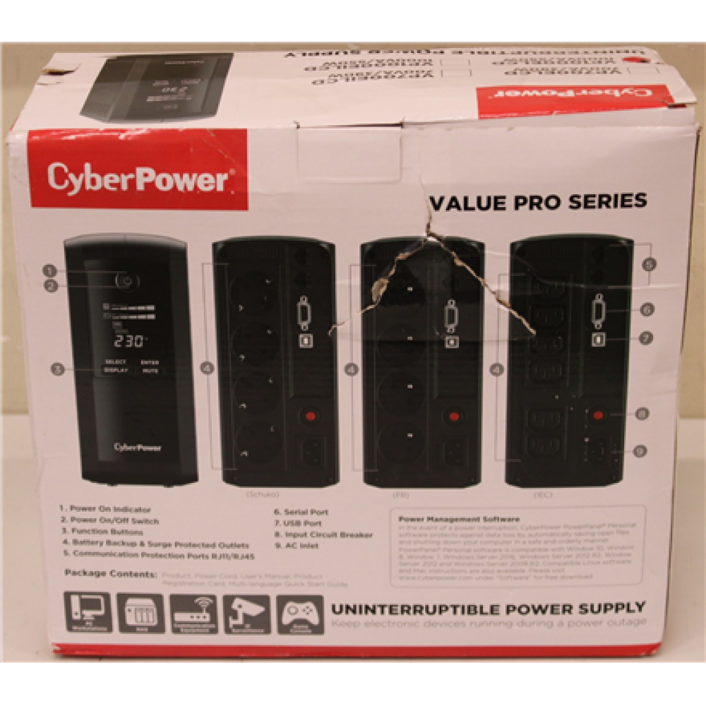 SALE OUT. CyberPower VP1000ELCD Backup UPS Systems , SALE OUT. , CyberPower , Backup UPS Systems , VP1000ELCD , 1000 VA , 550 W , DAMAGED PACKAGING