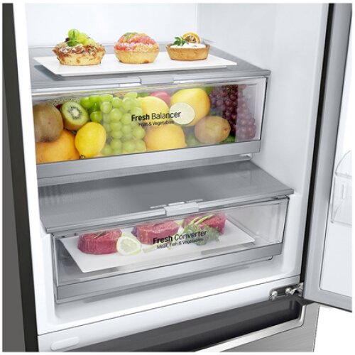 LG , Refrigerator , GBB71PZDMN , Energy efficiency class E , Free standing , Combi , Height 186 cm , No Frost system , Fridge net capacity 234 L , Freezer net capacity 107 L , Display , 36 dB , Silver