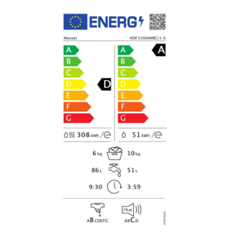 Hoover , HDP 5106AMBC/1-S , Washing Machine with Dryer , Energy efficiency class A , Front loading , Washing capacity 10 kg , 1500 RPM , Depth 58 cm , Width 60 cm , Display , LED , Drying system , Drying capacity 6 kg , Steam function , White