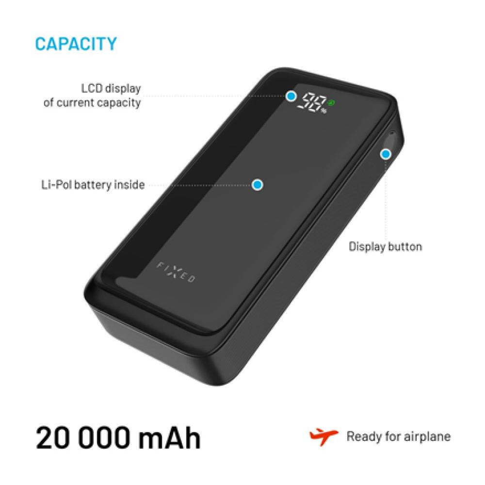 Fixed Power Bank Zen2 20 with LCD Display and PD 20W Output , 20000 mAh , Black