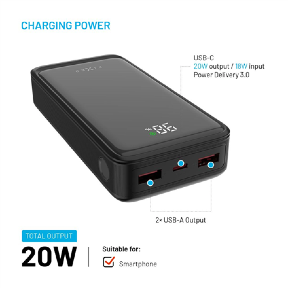 Fixed Power Bank Zen2 20 with LCD Display and PD 20W Output , 20000 mAh , Black