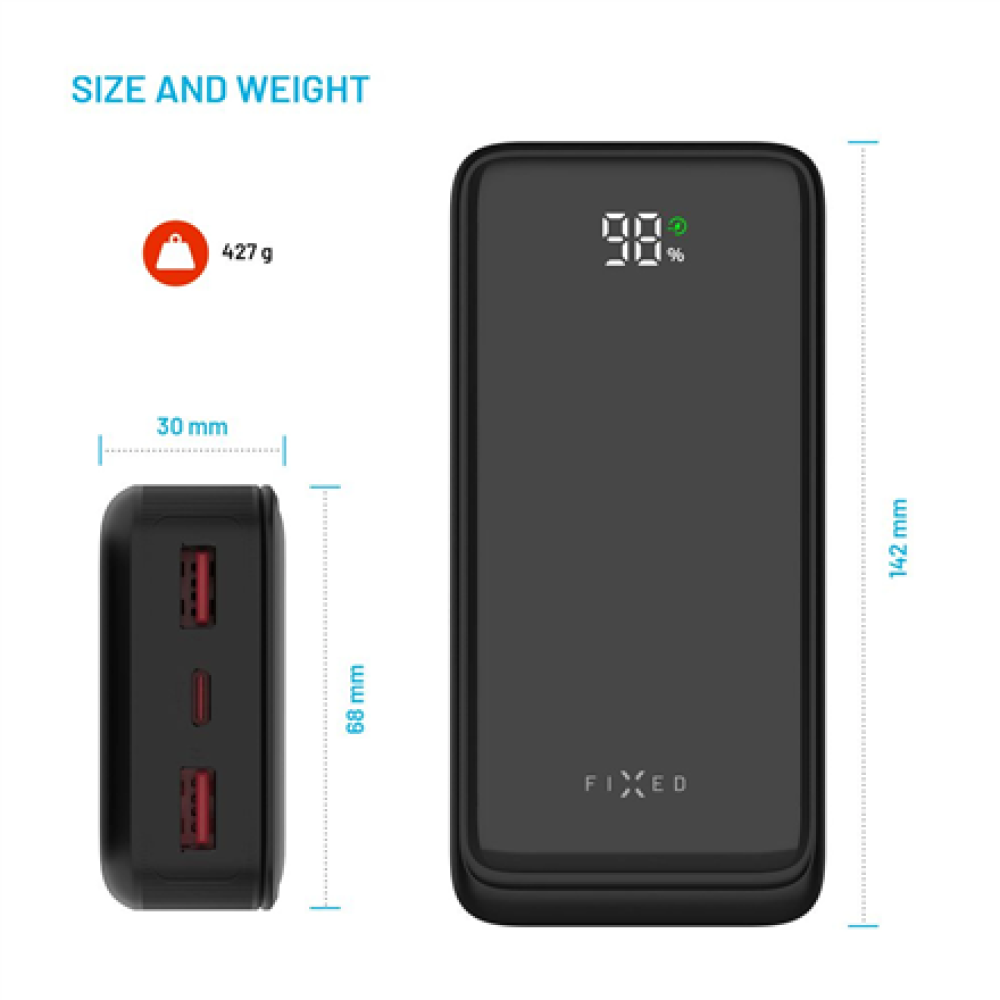 Fixed Power Bank Zen2 20 with LCD Display and PD 20W Output , 20000 mAh , Black