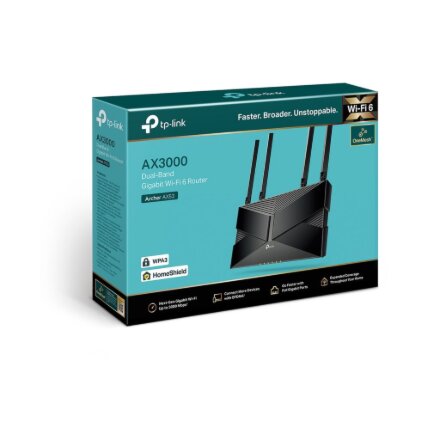 TP-LINK , AX3000 Dual Band Gigabit Wi-Fi 6 Router , Archer AX53 , 802.11ax , 574+2402 Mbit/s , 10/100/1000 Mbit/s , Ethernet LAN (RJ-45) ports 4 , Mesh Support Yes , MU-MiMO Yes , Antenna type External , 36 month(s)
