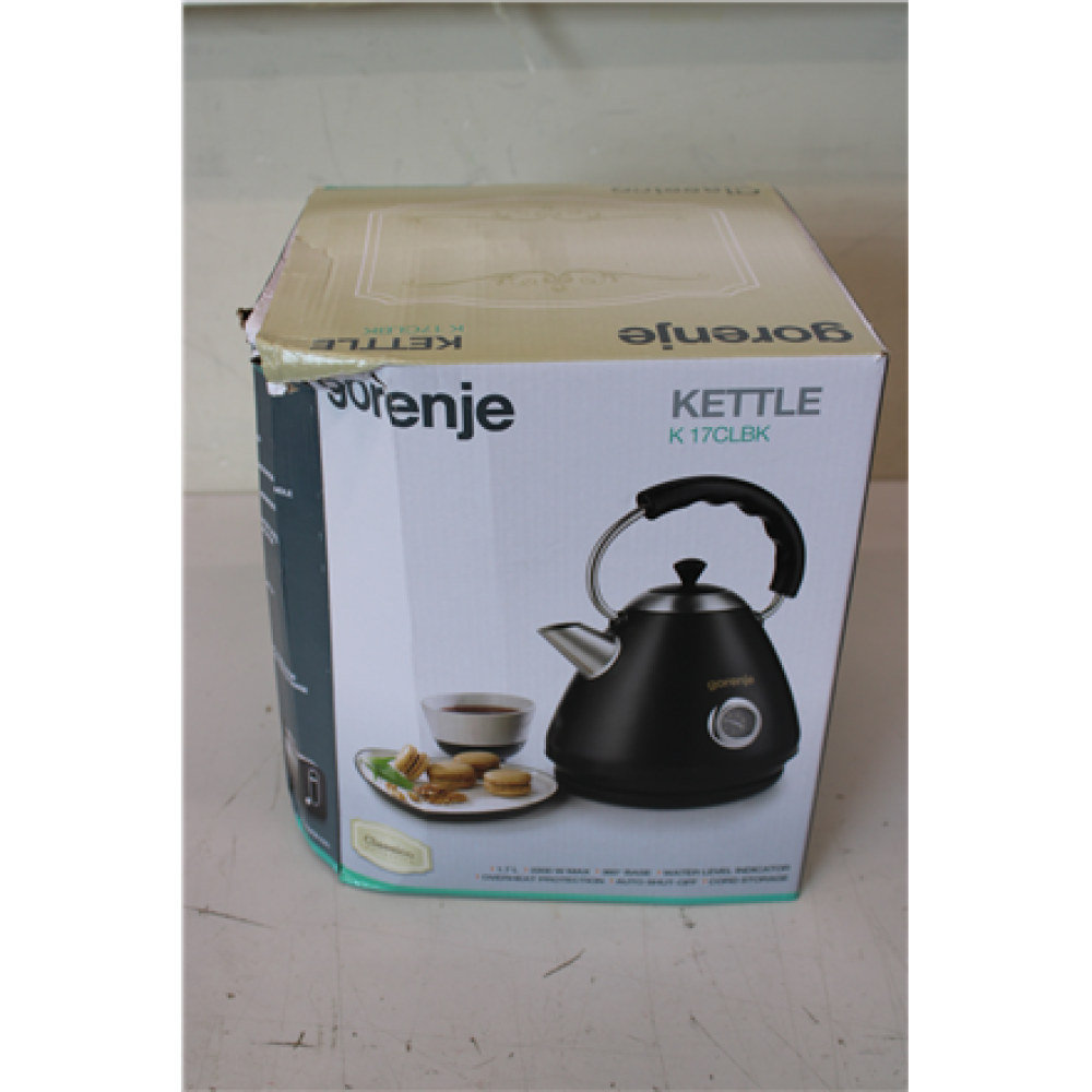 SALE OUT. Gorenje K17CLBK Kettle, Electric, Capacity 1.7 L Power 2200 W, Plastic and metal, Black , Gorenje Kettle , K17CLBK , Electric , 2200 W , 1.7 L , Plastic and metal , 360° rotational base , Black , DAMAGED PACKAGING
