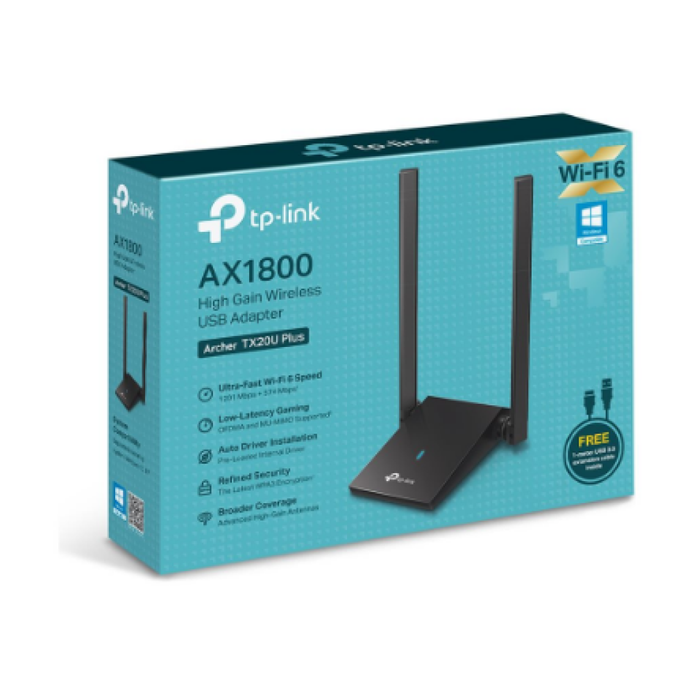 AX1800 Dual Antennas High Gain Wireless USB Adapter , Archer TX20U Plus , 802.11ax , 574+1201 Mbit/s , 10/100/1000 Mbit/s , Ethernet LAN (RJ-45) ports 0 , Mesh Support No , MU-MiMO Yes , No mobile broadband , Antenna type External
