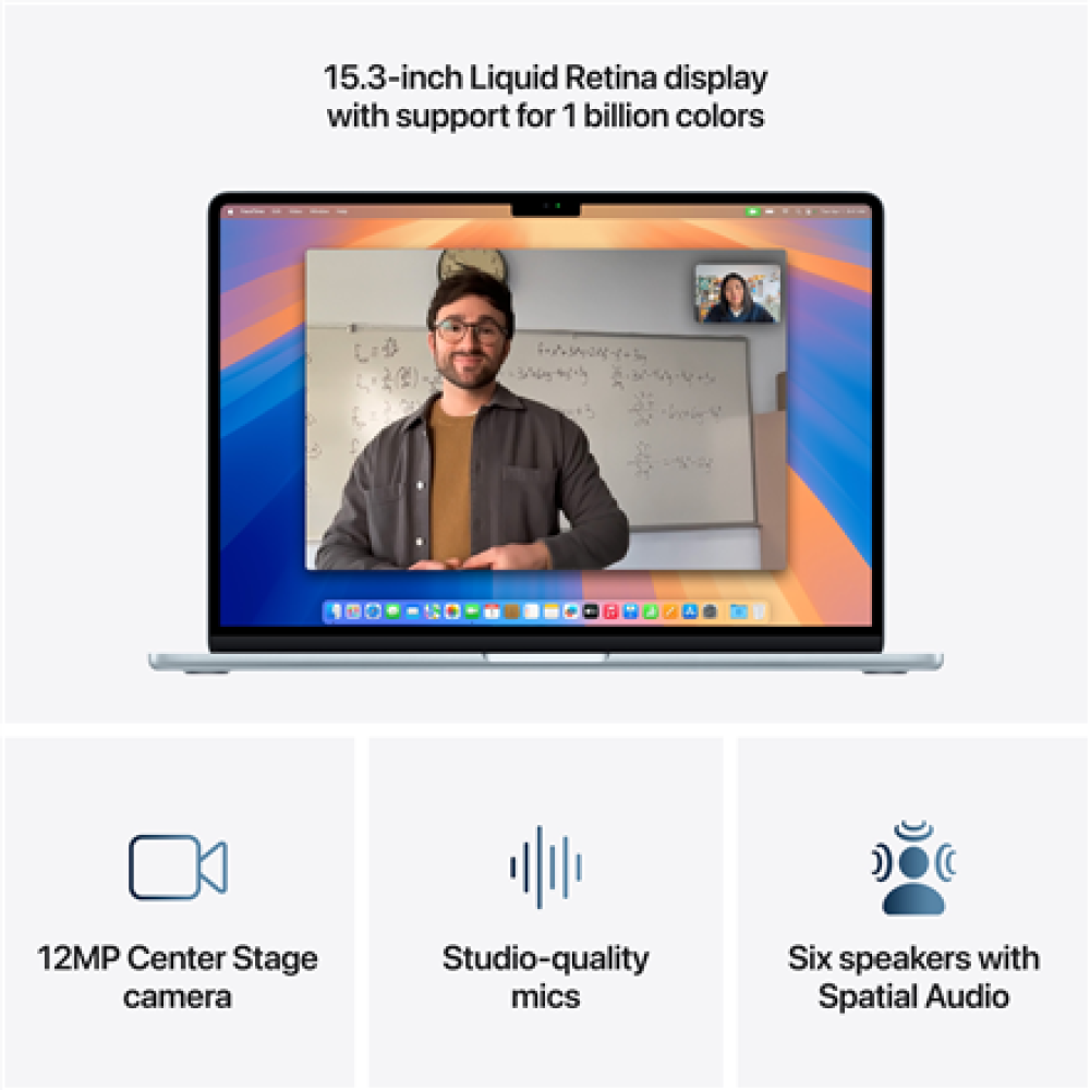 Apple MacBook , Air , Sky Blue , 15 , Apple M4 , 24 GB , Solid-state drive capacity 512 GB , Apple M4 chip 10-core CPU/10-core GPU , macOS , 802.11ax , Bluetooth version 5.0 , Keyboard language English , Keyboard backlit , Warranty 12 month(s)