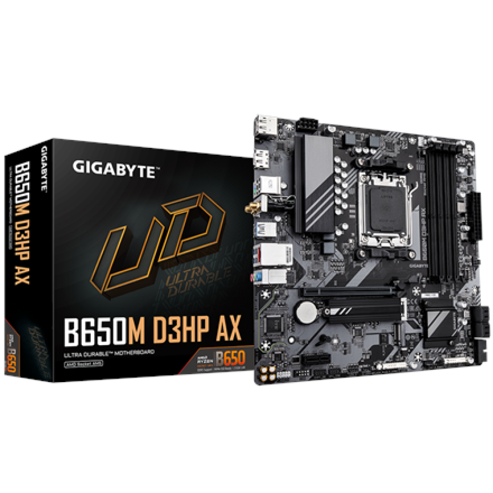 Gigabyte , B650M D3HP AX 1.0 M/B , Processor family AMD , Processor socket AM5 , DDR5 , Supported hard disk drive interfaces SATA, M.2 , Number of SATA connectors 4