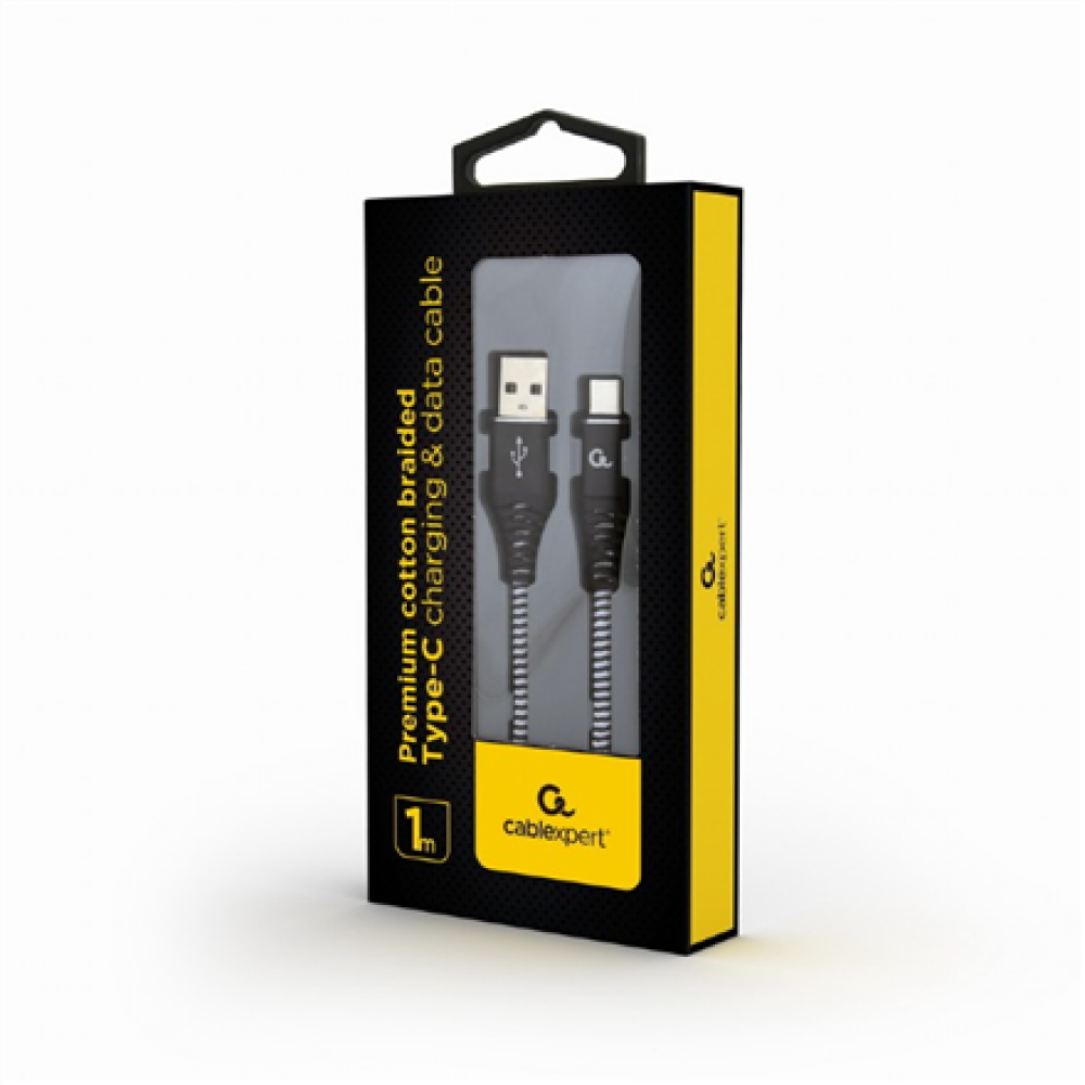 Cablexpert Premium cotton braided Type-C USB charging and data cable, 1 m , CC-USB2B-AMCM-1M-BW